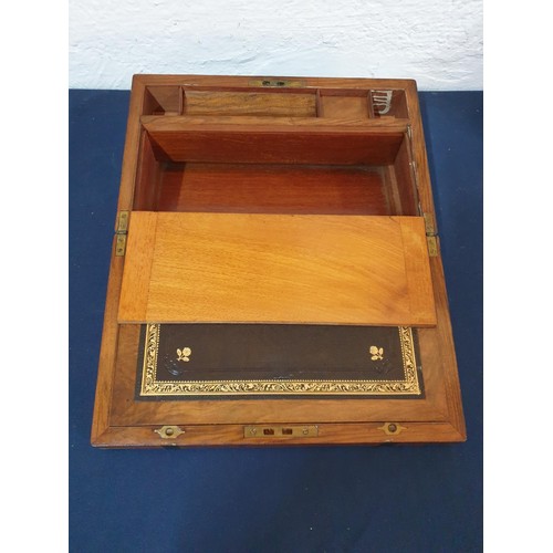 265 - Antique Brass Bound Writing Slope; Travelling Table-Top Opening Box with Sloping Leather Writing Pad... 