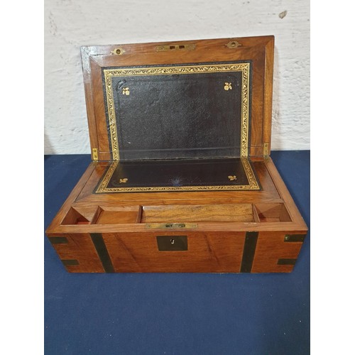 265 - Antique Brass Bound Writing Slope; Travelling Table-Top Opening Box with Sloping Leather Writing Pad... 