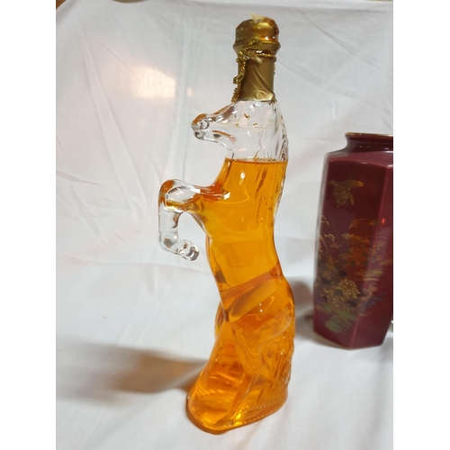 394 - Home Items inc; Vase, Candlesticks, Glass Horse Shaped Liquored Bottle and 2 x Aromatic Olive Oil Bo... 