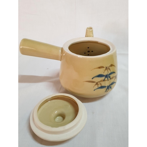 405 - Oriental Style Teapot with 4 x Cups and Matching Dish All with Bamboo Pattern (6)