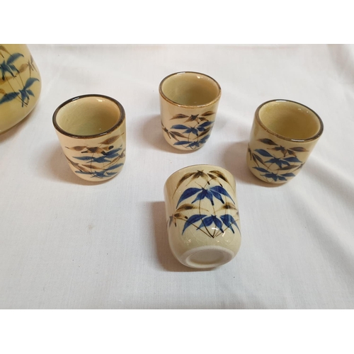 405 - Oriental Style Teapot with 4 x Cups and Matching Dish All with Bamboo Pattern (6)