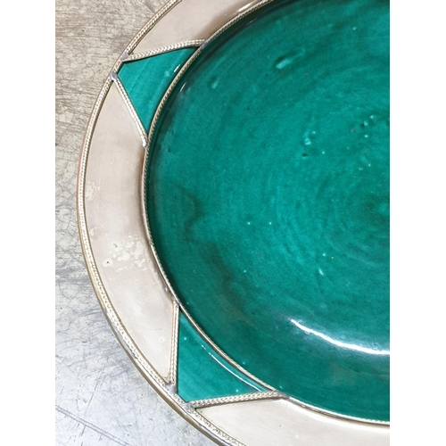 411 - Large Decorative Pottery Bowl with Green and Silver Coloured Details