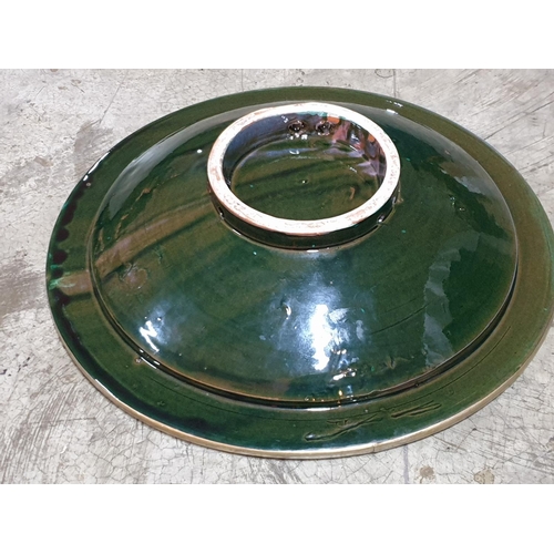 411 - Large Decorative Pottery Bowl with Green and Silver Coloured Details