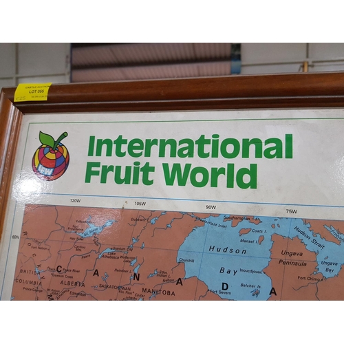 641 - Large International Fruit World Map in Wooden Frame of Production Centres of Fruit, Nuts and Vegetab... 