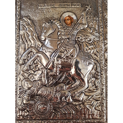 614 - Saint Dimitrios Holy Silver Icon Copy of Byzantine Icon (Hand Craft / Silver .925), (22.5cm x 27.5cm... 