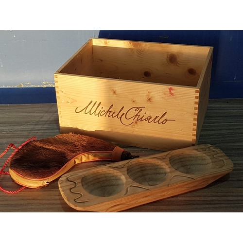 619 - Vintage Style Traditional Items; Mini Wooden Bread Mould, Leather Bota Bag in Large Wooden Box