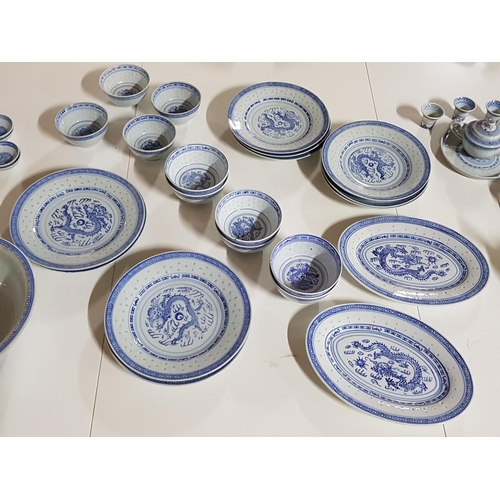 658 - Blue and White Dragon Motif Porcelain Dinner / Tea Set ( More Than 55x pcs ) Chinese Tea Pot with Cu... 