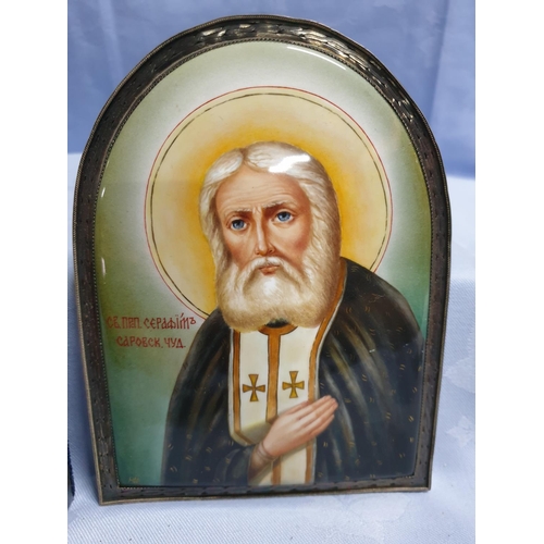 346 - Saint Panteleimon and Saint Seraphim Hand Painted Icon  Enamel / White Metal (13 x 17cm each)