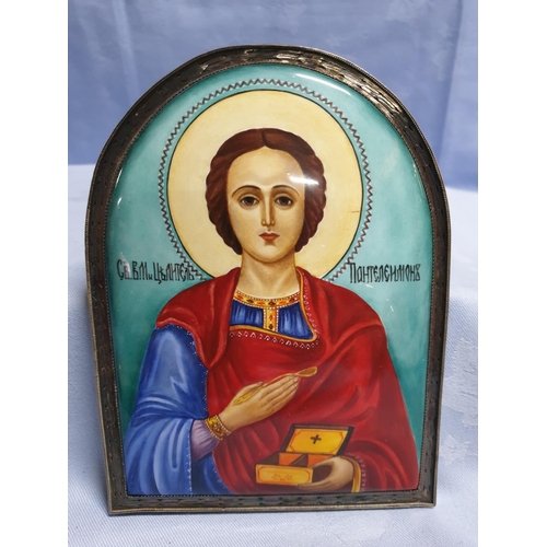 346 - Saint Panteleimon and Saint Seraphim Hand Painted Icon  Enamel / White Metal (13 x 17cm each)