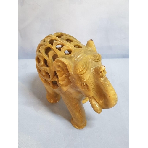 350 - Soapstone Stone Art Mother Elephant with Baby Inside Sculpture (H:10cm) Together with Solid Wood 