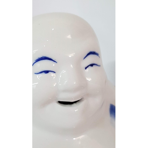 360 - Blue / White Porcelain Laughing Buddha Figurine (Approx 13 x 15.5cm)