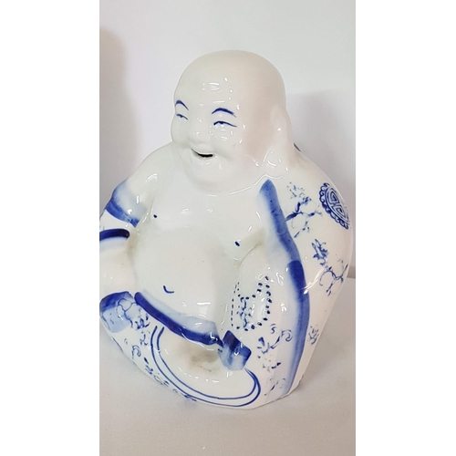 360 - Blue / White Porcelain Laughing Buddha Figurine (Approx 13 x 15.5cm)