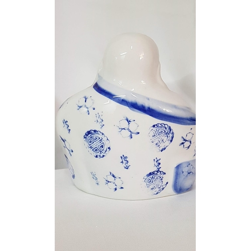 360 - Blue / White Porcelain Laughing Buddha Figurine (Approx 13 x 15.5cm)