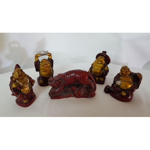 816 - Collection of 4x Mini Laughing Buddha Figurines (5cm H.) Red/Gold Silver Colour, Resin and Mini Figu... 