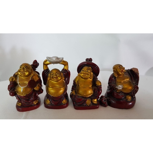 816 - Collection of 4x Mini Laughing Buddha Figurines (5cm H.) Red/Gold Silver Colour, Resin and Mini Figu... 