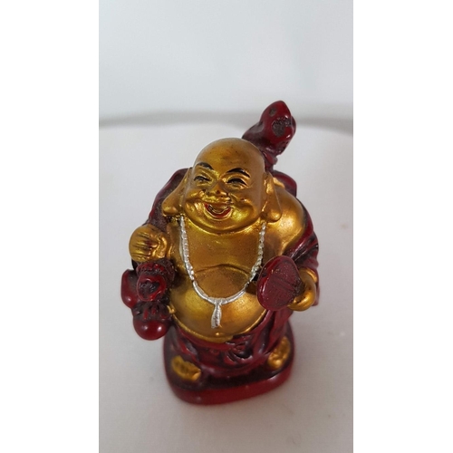 816 - Collection of 4x Mini Laughing Buddha Figurines (5cm H.) Red/Gold Silver Colour, Resin and Mini Figu... 