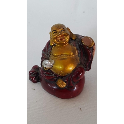 816 - Collection of 4x Mini Laughing Buddha Figurines (5cm H.) Red/Gold Silver Colour, Resin and Mini Figu... 