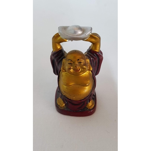 816 - Collection of 4x Mini Laughing Buddha Figurines (5cm H.) Red/Gold Silver Colour, Resin and Mini Figu... 