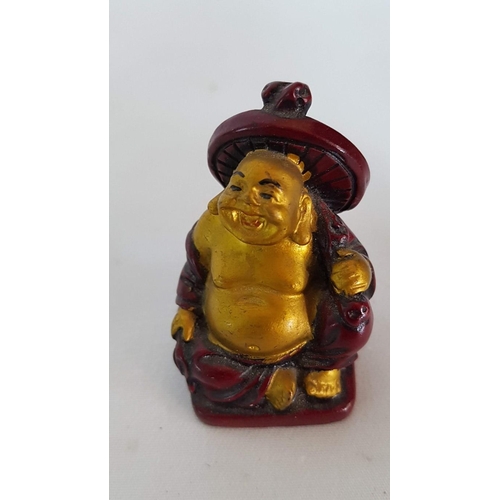 816 - Collection of 4x Mini Laughing Buddha Figurines (5cm H.) Red/Gold Silver Colour, Resin and Mini Figu... 