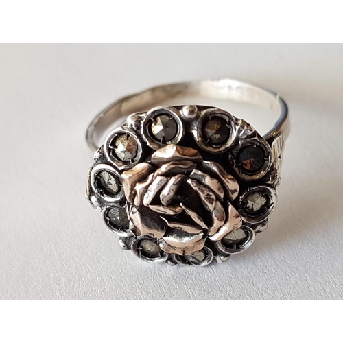 201 - Solid Sterling Silver Hallmark .925 Ladies Ring with Flower Design / Marcasite Large Size, Total Wei... 