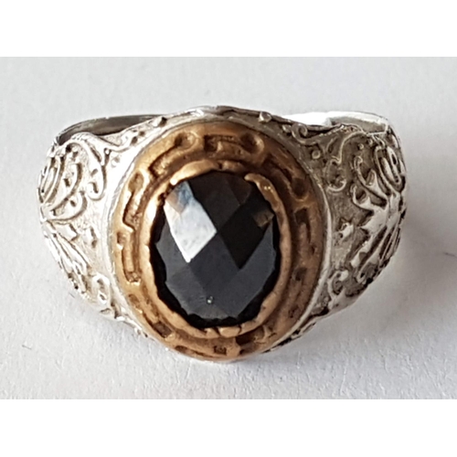 216 - .925 Hallmark Solid Silver Men's Ring / Gold Tone Mount / Black Stone, Total Weight 6.6grms