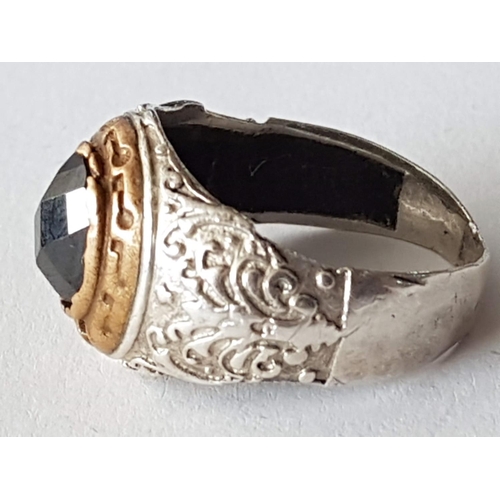 216 - .925 Hallmark Solid Silver Men's Ring / Gold Tone Mount / Black Stone, Total Weight 6.6grms