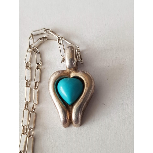 224 - Solid Sterling Silver .925 Hallmark Ladies Pendant Necklace with Turquoise Blue Stone, .925 Hallmark... 