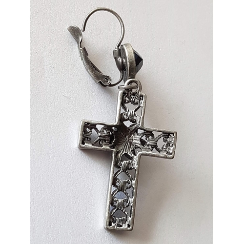 291 - Pair of Dangling White Metal Earrings (Cross and Crystals)