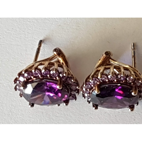 35 - Diamonde Solid Sterling Silver (Gold Tone) Hallmarked Ladies Pendant / Earrings Set / Purple Stones,... 