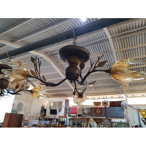 563 - Retro Style Ceiling Lights, Metal with Amber Glass Lamp Shade (Un-Tested)