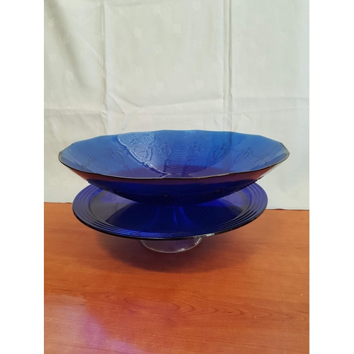 597 - Blue Glass Tableware Large Cake Stand (Ø35 x H:9.5cm) and Huge Bowl / Dish (Ø39.5cm)