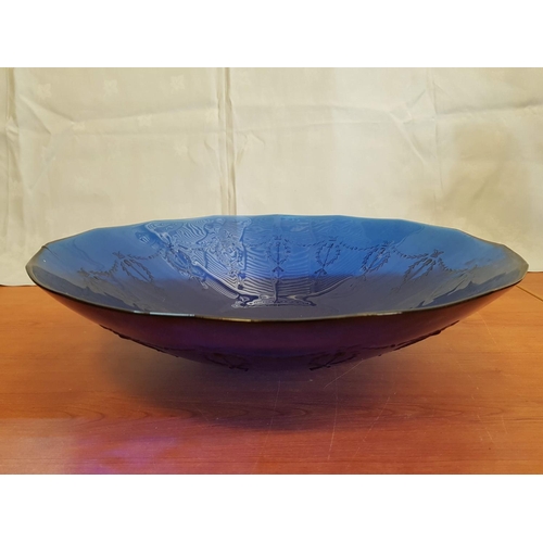 597 - Blue Glass Tableware Large Cake Stand (Ø35 x H:9.5cm) and Huge Bowl / Dish (Ø39.5cm)