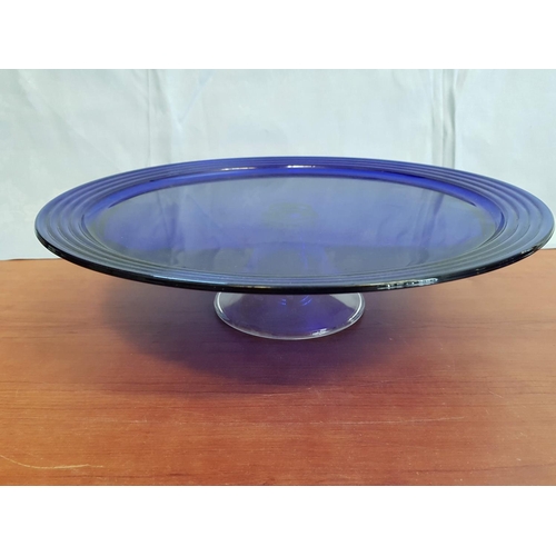 597 - Blue Glass Tableware Large Cake Stand (Ø35 x H:9.5cm) and Huge Bowl / Dish (Ø39.5cm)