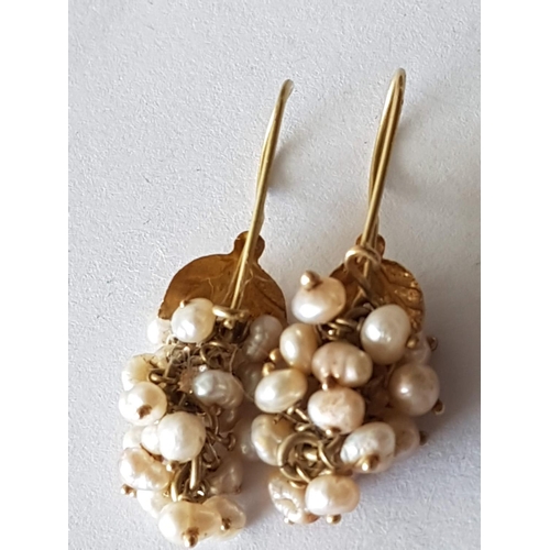 68 - Solid 14k Hallmarked Gold Ladies Cypriot Earrings (Grape Leaf / Grape) Seed Pearls (Total Weight 4.7... 