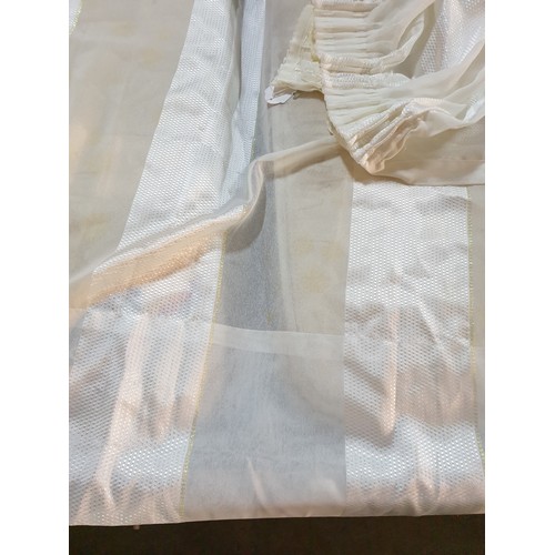 395 - 2 x Decorative White Net Curtains with Patterned Striped and Gold Colour Detail