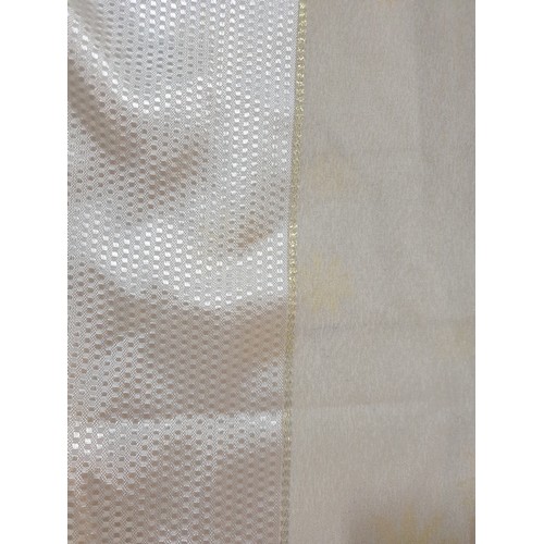 395 - 2 x Decorative White Net Curtains with Patterned Striped and Gold Colour Detail