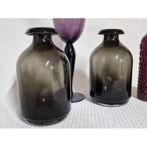 45 - Collection of Coloured Glass Items; Tall Purple Wine Glass, 2 x Purple Glass Vases and 2 x Smokey Gl... 