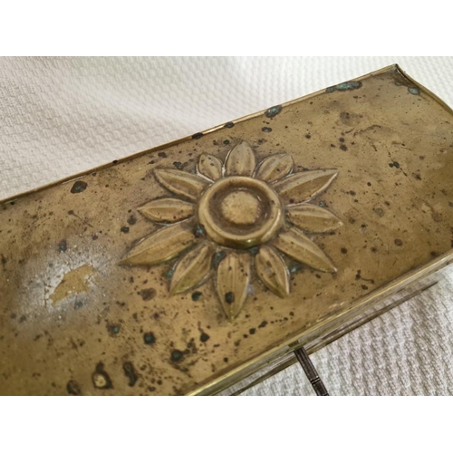 54 - Vintage Brass Box with Hinged Lid, Lock and Embossed Sun, (Approx. 28 x 12 x 11cm)