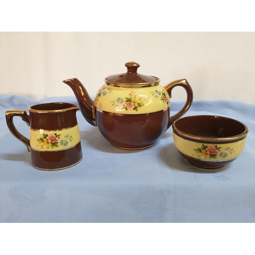 328 - Vintage Sadler Ceramic Tea Set (Made in England) Tea Pot, Sugar Bowl, Milk Jar (Pot's Lid Repair)