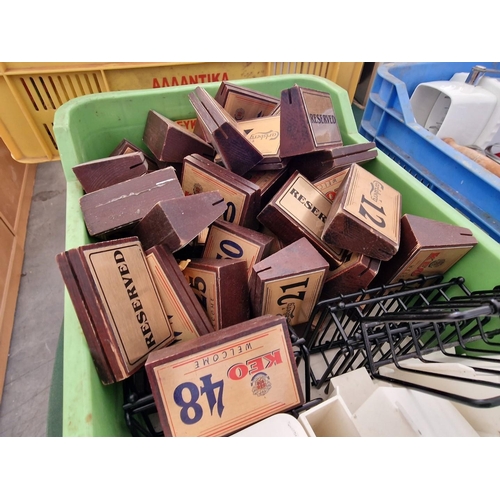 415 - Green Crate with Qty of 'Keo' Table Numbers and 'Reserved' Signs, Together with Assorted Napkin Hold... 