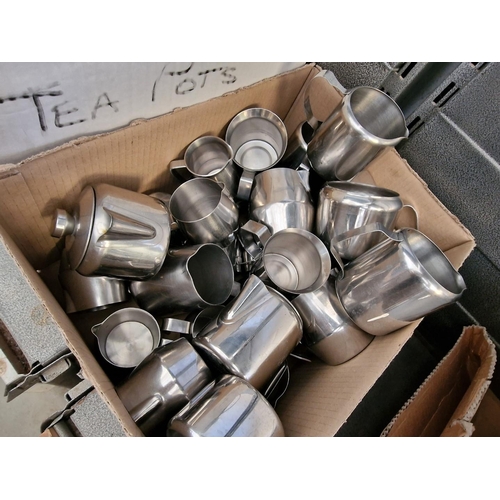 420 - Large Qty of Stainless Steel Tea Pots, Milk Jugs and Sugar Bowls, (2 x Boxes)