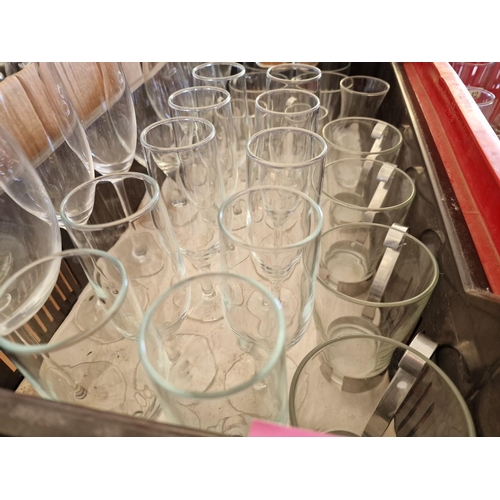 433 - Brown Crate with Qty of Assorted Glassware, Incl. Wine, Coffee Glasses, Champagne Flutes, etc