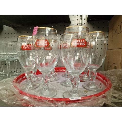 460 - 10 x Stella Artois Beer Glasses, Together with 3 x Stella Artois Trays