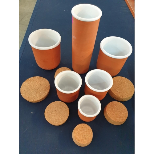 296 - 6 x Plain Pottery Storage Jars in Terracotta Brown With Cork Lids Different Sizes Together with 2 x ... 