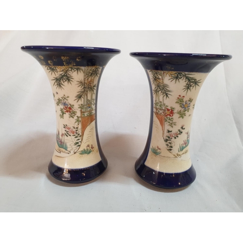 299 - Pair of Vintage Japanese Hand Painted Vases on Wooden Bases  (H:12.5cm each)