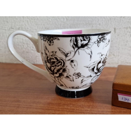 134 - Large Tea Cup 'Portobello By Inspire' with Black & White Rose Pattern, Together with Wooden Cigarett... 