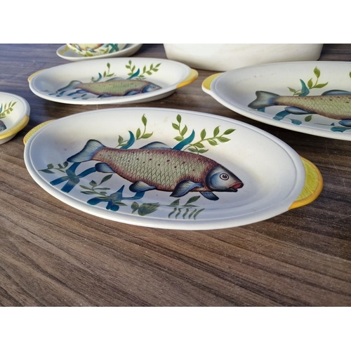 185 - Vintage / Mid-Century 'E Radford' Fish Tableware with Hand Painted Fish Design; Oven Dish with 6 x O... 