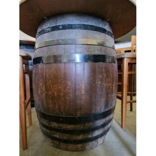 393A - Vintage Wine Barrell Table with Round Wood Effect Top and Metal Strapping (Ø120cm x H:110cm), Togeth... 