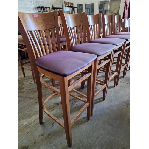 396 - Set of 5 x Heavy Wooden Bar Stools with Back Rests and Purple Fabric Padded Seats (5)