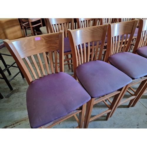 396 - Set of 5 x Heavy Wooden Bar Stools with Back Rests and Purple Fabric Padded Seats (5)